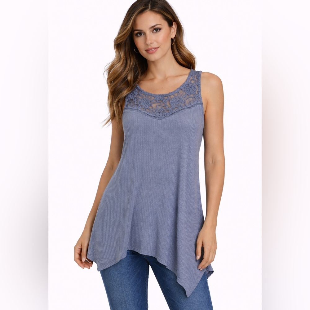 Knox Rose Womens Size 1 (M/L) Lace Ribbed Sleeveless Shark Bite Hem Tank Blue